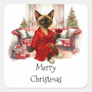 Pegatina Cuadrada Gato Siamés Navidad