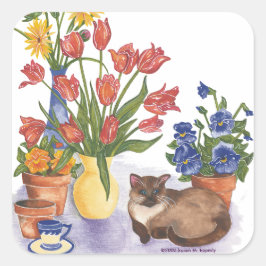 Pegatina Cuadrada Gato siamés tulipanes color de agua "Chester"