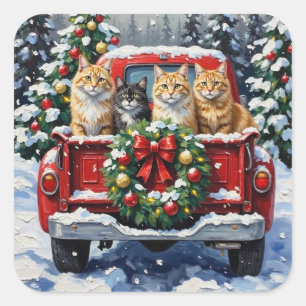 Pegatina Cuadrada Gato Siberiano Camión Rojo Navidad Fiesta