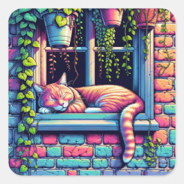 Pegatina Cuadrada Gato somnoliento en la ventana hasta el arte
