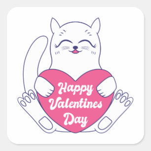 Pegatina Cuadrada Gato sosteniendo el corazón Feliz Día de San Valen