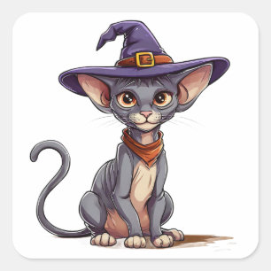 Pegatina Cuadrada Gato Sphynx Adorable en Gorra de Brujas