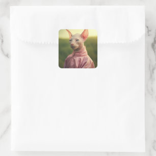 Pegatina Cuadrada Gato Sphynx con Ropa – Arte de Naturaleza Jugueton