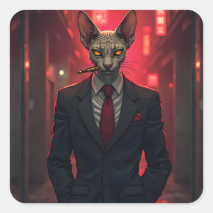 Pegatina Cuadrada Gato Sphynx Neon Noir al Estilo Mafioso
