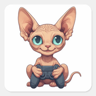 Pegatina Cuadrada Gato Sphynx sosteniendo control de juego