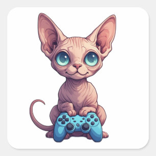Pegatina Cuadrada Gato Sphynx sosteniendo control de juego
