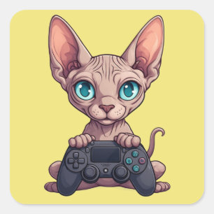 Pegatina Cuadrada Gato Sphynx sosteniendo control de juego