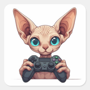 Pegatina Cuadrada Gato Sphynx Sosteniendo Controlador de Juego