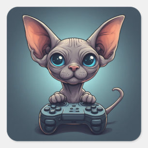 Pegatina Cuadrada Gato Sphynx Sosteniendo Controlador de Juego