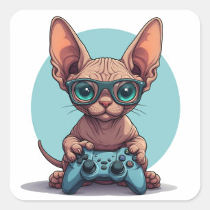 Pegatina Cuadrada Gato Sphynx Sosteniendo Controlador de Juego