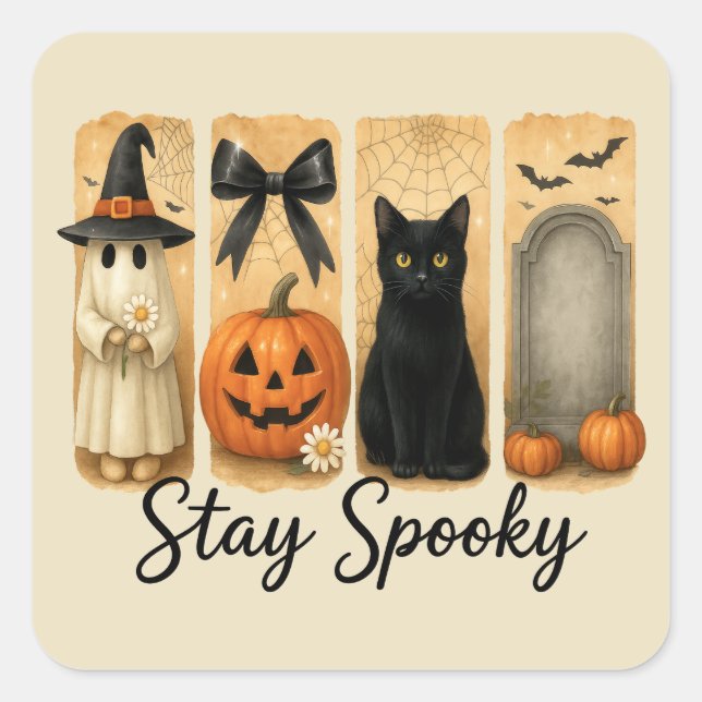 Pegatina Cuadrada Gato "Stay Spooky" de broche de broche de hallowee (Anverso)