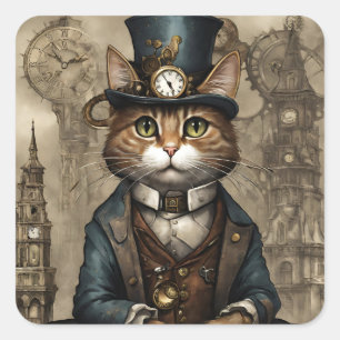 Pegatina Cuadrada Gato Steampunk