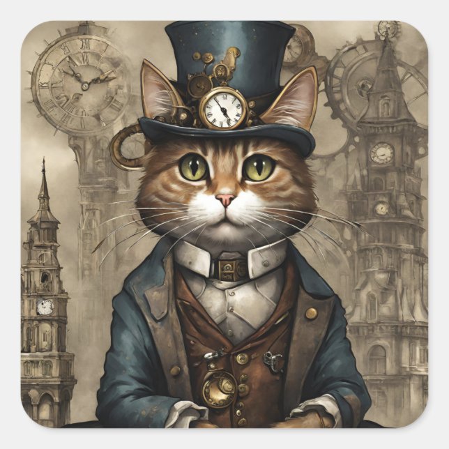 Pegatina Cuadrada Gato Steampunk (Anverso)