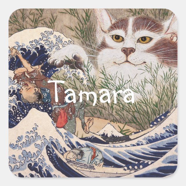 Pegatina Cuadrada Gato supernatural en la gran ola (Anverso)
