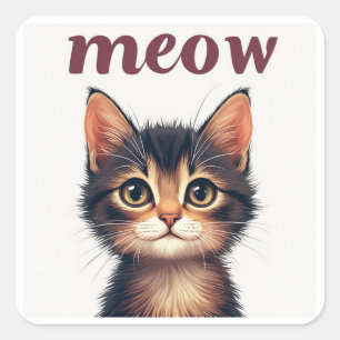 Pegatina Cuadrada Gato Tabby Adorable Con Cita Meow Y Sonrisa 🐾