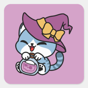 Pegatina Cuadrada Gato Tabby de Halloween – Sombrero de Bruja y Arte