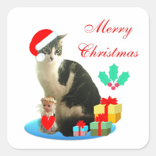 Pegatina Cuadrada Gato Tabby de Navidad Adorable