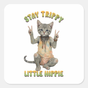 Pegatina Cuadrada Gato Tabby Gris Boho Permanece Trippy Pequeño Hipp