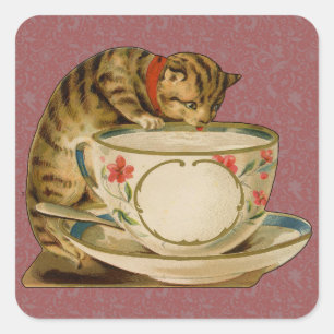 Pegatina Cuadrada Gato Taza de Té Lindo Vintage Victoriano Mascota C