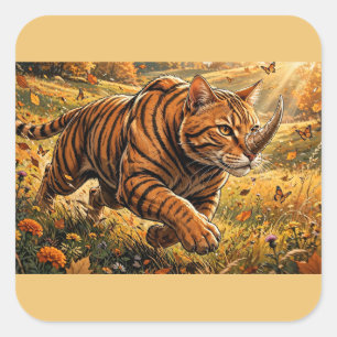Pegatina Cuadrada Gato Tigre de Fantasía – Aventura de Otoño Dorado