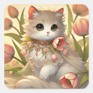 Pegatina Cuadrada Gato Tulip de primavera