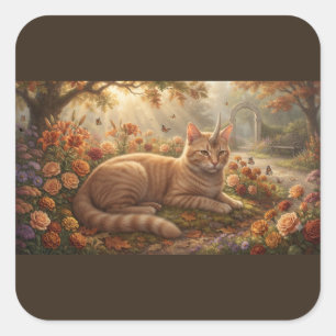 Pegatina Cuadrada Gato Unicornio Atigrado Naranja – Encantado Jardín
