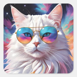 Pegatina Cuadrada Gato usando gafas en el espacio