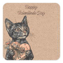 Gato Vintage Con Caja Del Corazón Día De San Valen