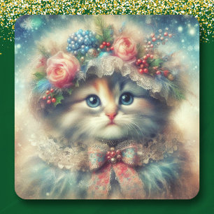 Pegatina Cuadrada Gato vintage de Navidades Shabby Chic