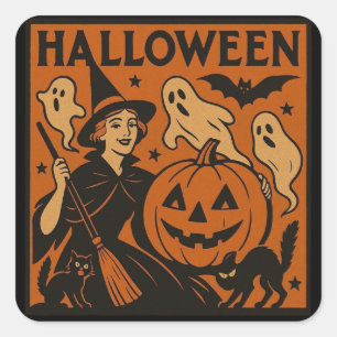 Pegatina Cuadrada Gato vintage/retro, fantasma, calabaza y bruja