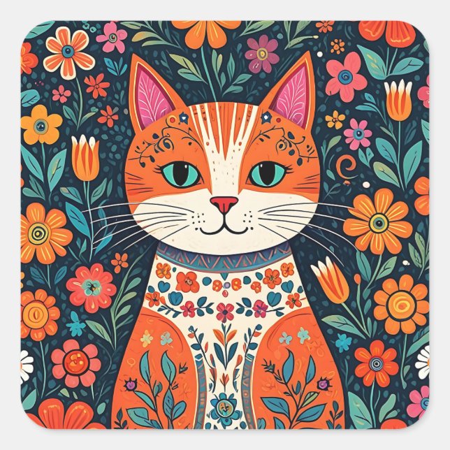 Pegatina Cuadrada Gato y flores de arte folclórico caprichosos (Anverso)