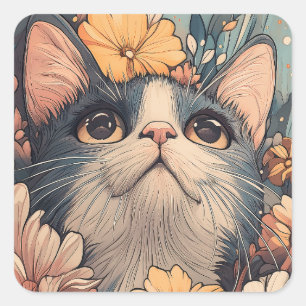Pegatina Cuadrada Gato y Flores de Tuxedo Adorables