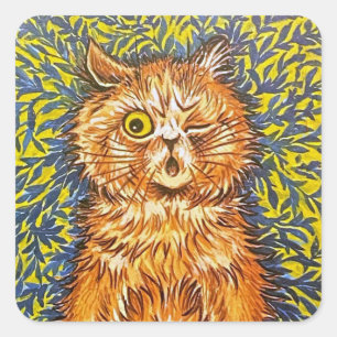 Pegatina Cuadrada Gato y fondo psicodélico de Winking por Louis Wain