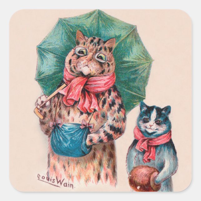Pegatina Cuadrada Gato y gatito de Louis Wain con paraguas (Anverso)