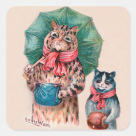 Pegatina Cuadrada Gato y gatito de Louis Wain con paraguas
