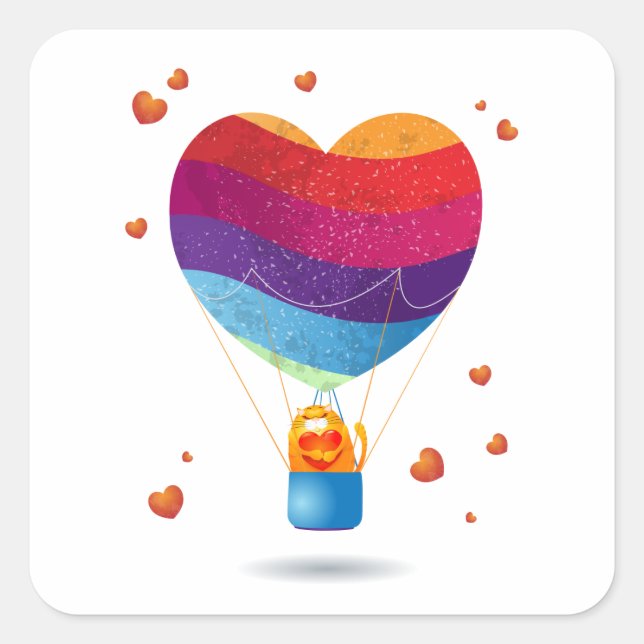 Pegatina Cuadrada Gato y globo de amor (Anverso)