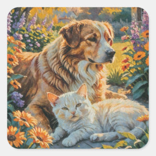Pegatina Cuadrada Gato y perro