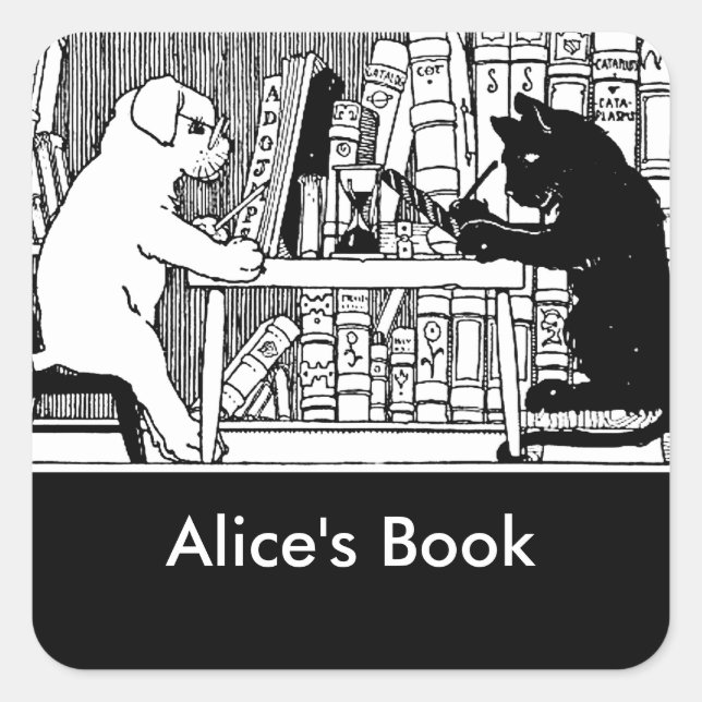 Pegatina Cuadrada Gato y perro en la biblioteca (Anverso)