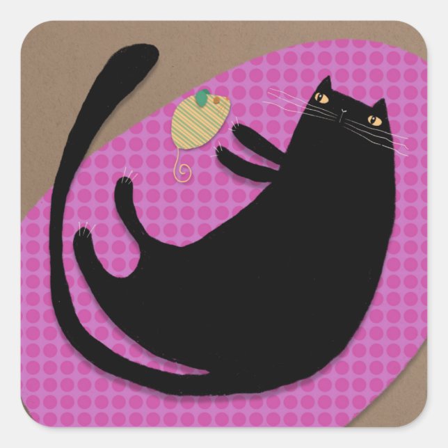 Pegatina Cuadrada Gato y ratón negros (Anverso)