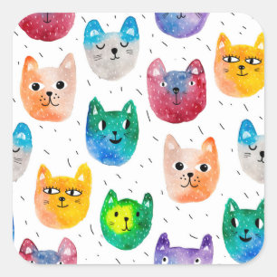 Pegatina Cuadrada Gatos acuarelas y amigos
