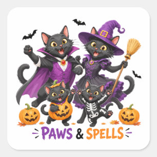 Pegatina Cuadrada Gatos adorables de Halloween con patas y hechizos