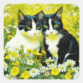 Pegatina Cuadrada Gatos adorables sentados en un campo de Daisies