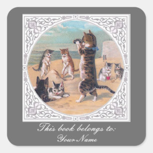 Pegatina Cuadrada Gatos antropomórficos en la playa