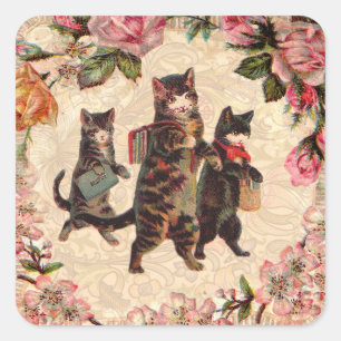 Pegatina Cuadrada Gatos Atigrados Vintage Camino a la Escuela Impres
