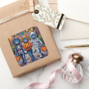 Pegatina Cuadrada Gatos Azules Orientales Trick-or-Treating Hallowee