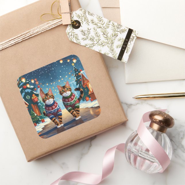 Pegatina Cuadrada Gatos Bengalí Navidad Nieve Fiesta (Regalar)