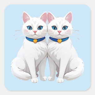 Pegatina Cuadrada Gatos Blancos Con Ojos Azules 💙 Mascotas Gemelas 