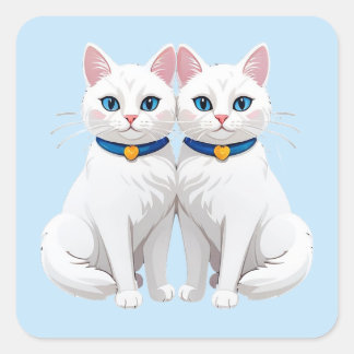 Pegatina Cuadrada Gatos Blancos Con Ojos Azules 💙 Mascotas Gemelas