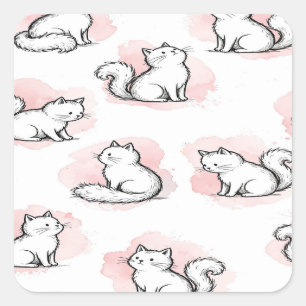 Pegatina Cuadrada Gatos Blancos Lindos Patrón Acuarela Rosa Gato Kaw