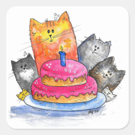Pegatina Cuadrada Gatos caprichosos con pastel de cumpleaños